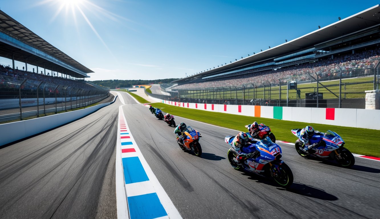 Pemandangan sirkuit MotoGP dengan motor balap sedang melaju di tikungan dan penonton di tribun.