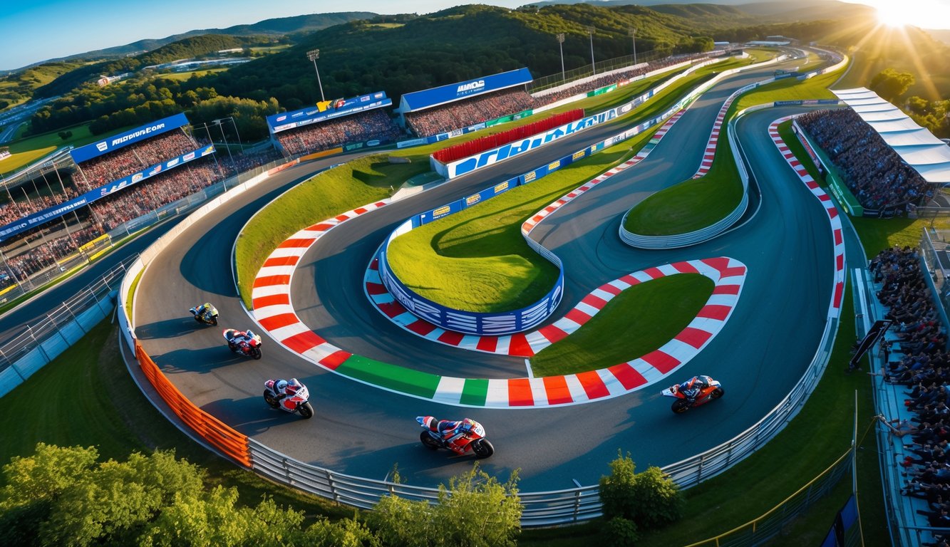 Pemandangan udara sebuah sirkuit MotoGP dengan tikungan tajam, lurus panjang, dan penonton di tribun yang ramai.