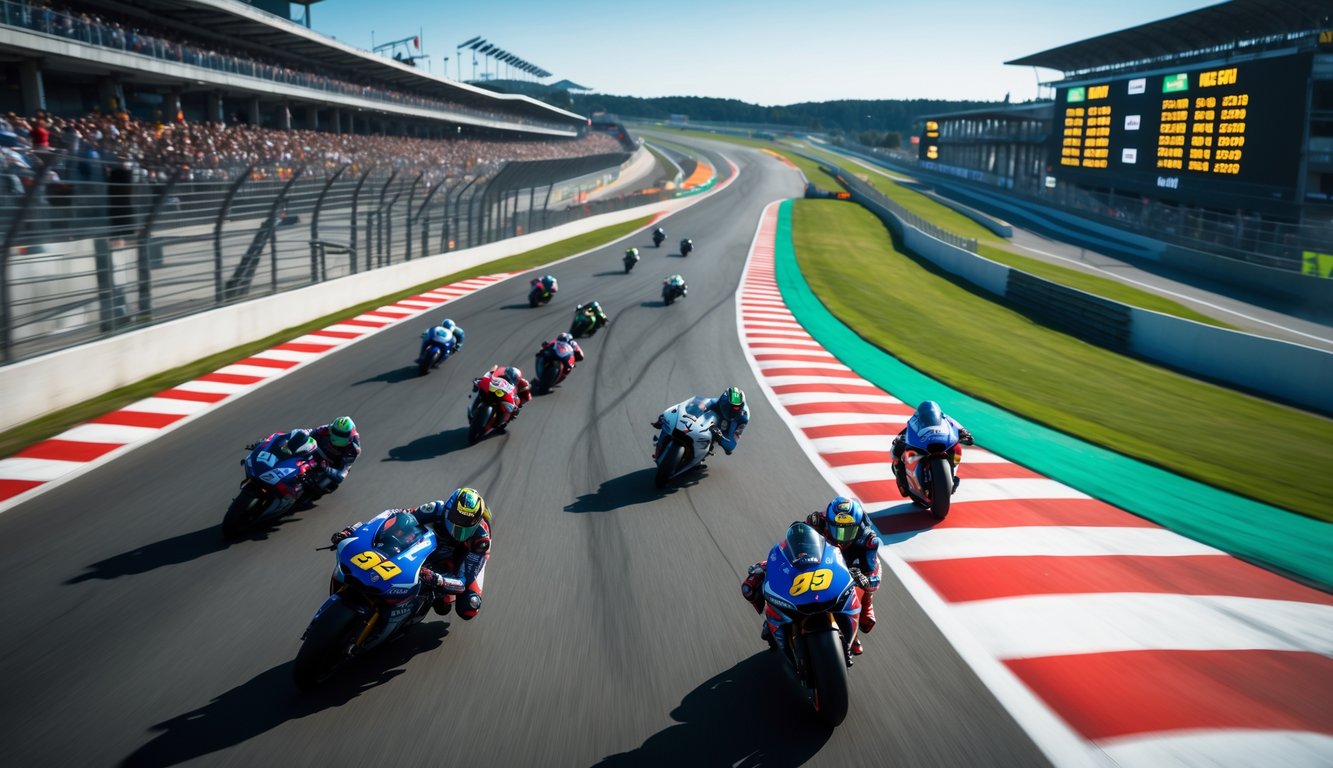 Pemandangan sirkuit MotoGP dengan motor balap melaju di tikungan dan penonton di tribun.
