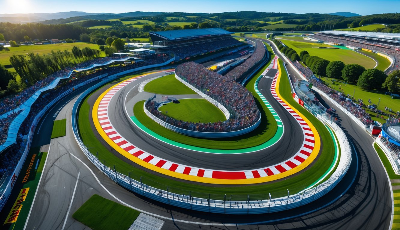 Pemandangan udara sirkuit MotoGP dengan trek berliku, tribun penonton, dan pemandangan sekitar yang hijau.