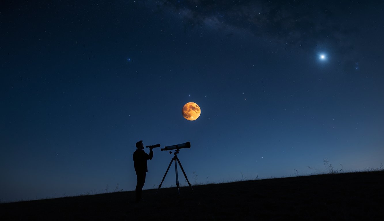 Langit malam dengan planet Mars berwarna merah terang terlihat jelas, seseorang sedang mengamati langit menggunakan teleskop di sebuah lapangan terbuka.