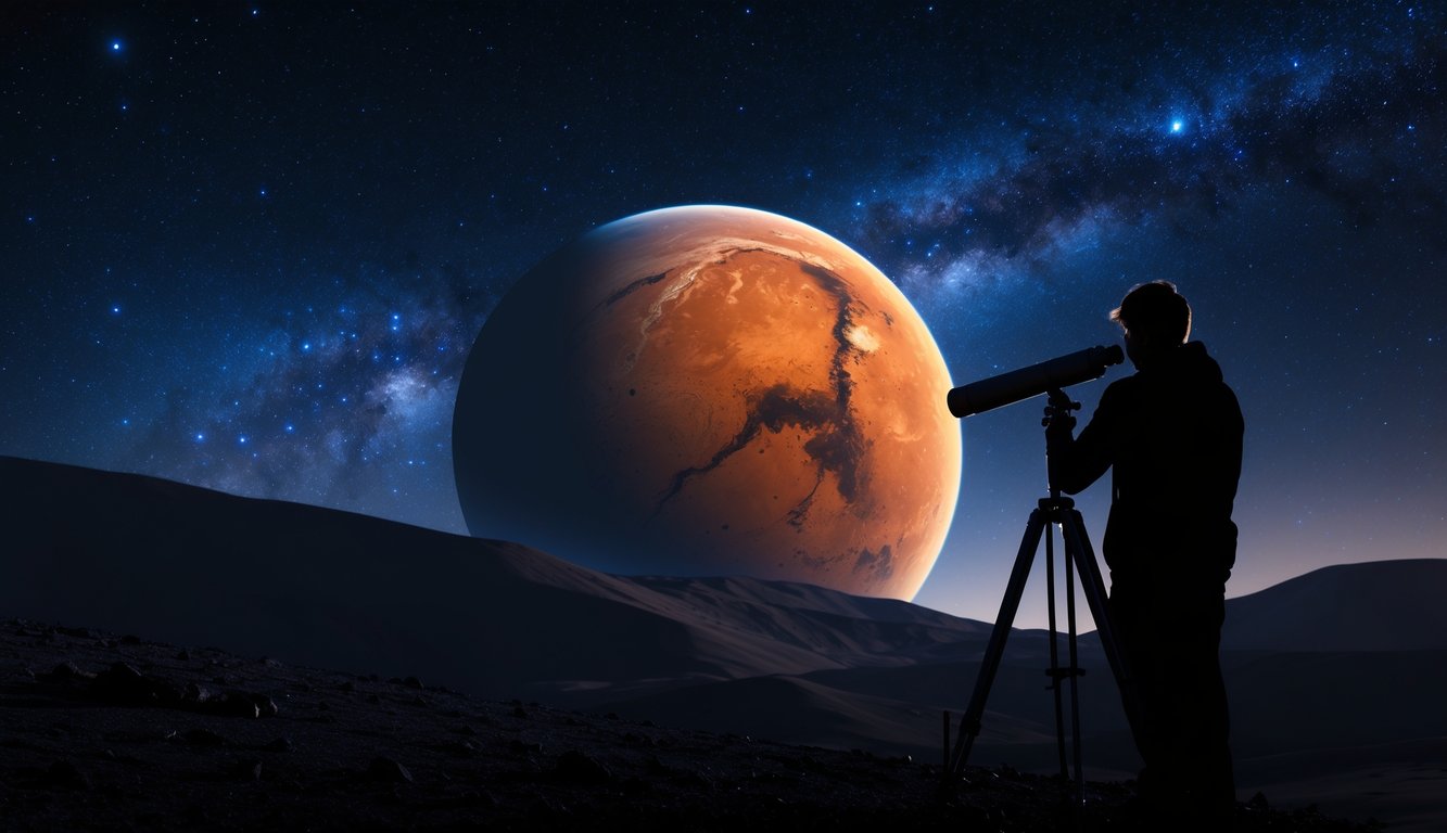 Planet Mars merah terlihat jelas di langit malam dengan seseorang sedang mengamati menggunakan teleskop.