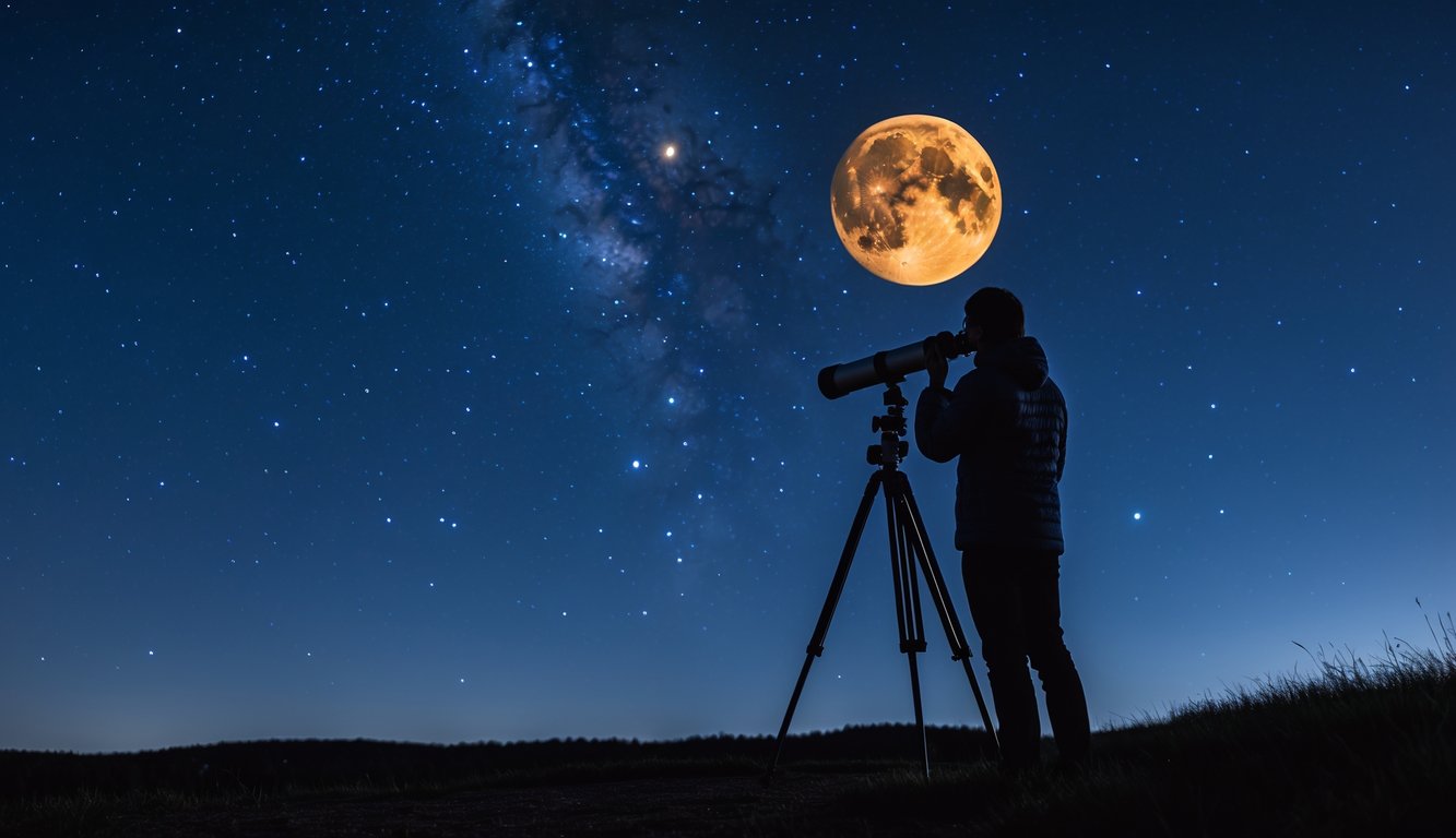 Langit malam yang jelas dengan planet Mars berwarna merah terlihat terang, seseorang sedang mengamati dengan teleskop di luar ruangan.