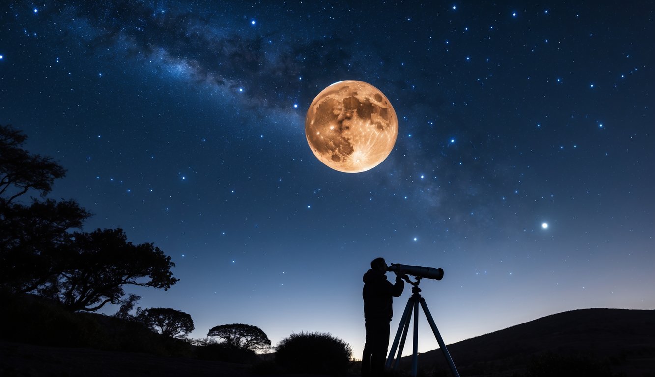 Langit malam yang jelas dengan planet Mars berwarna merah terang terlihat di antara bintang-bintang, seorang pengamat menggunakan teleskop di latar depan.