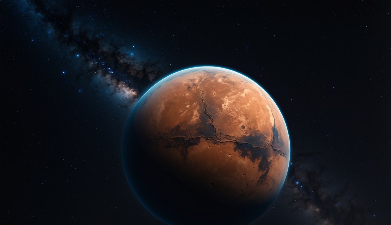 Gambar planet Mars merah dengan permukaan berbatu di ruang angkasa gelap penuh bintang.