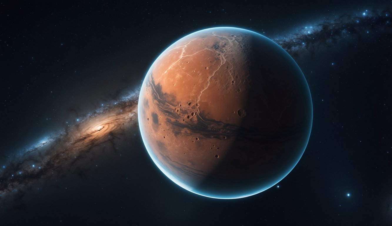 Gambaran planet Mars berwarna merah dengan permukaan berbatu di ruang angkasa dengan latar belakang bintang dan tata surya.