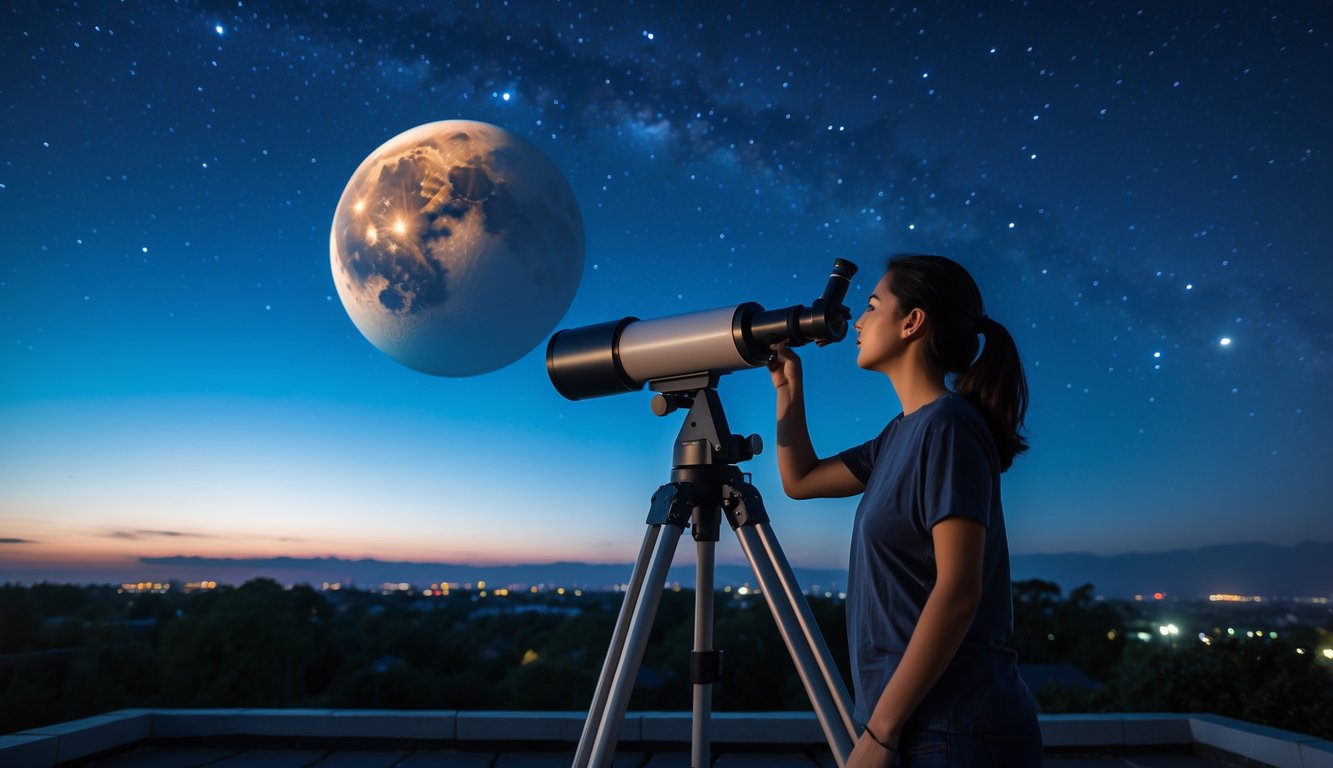 Seorang pengamat langit menggunakan teleskop untuk melihat planet Mars yang tampak jelas di langit malam berbintang.