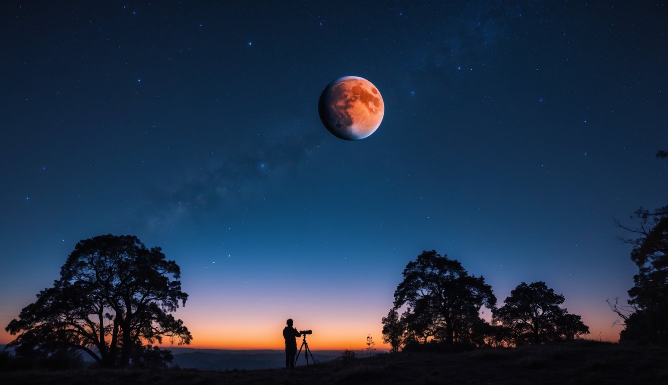 Langit malam dengan planet Mars yang terlihat jelas berwarna merah, seseorang sedang mengamati langit menggunakan teleskop di luar ruangan.