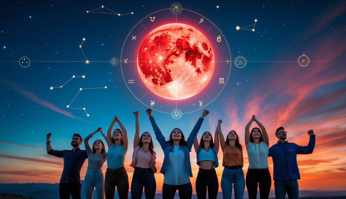 Planet Mars merah menyala di langit senja dengan beberapa orang yang menunjukkan berbagai ekspresi dan energi di bawahnya.