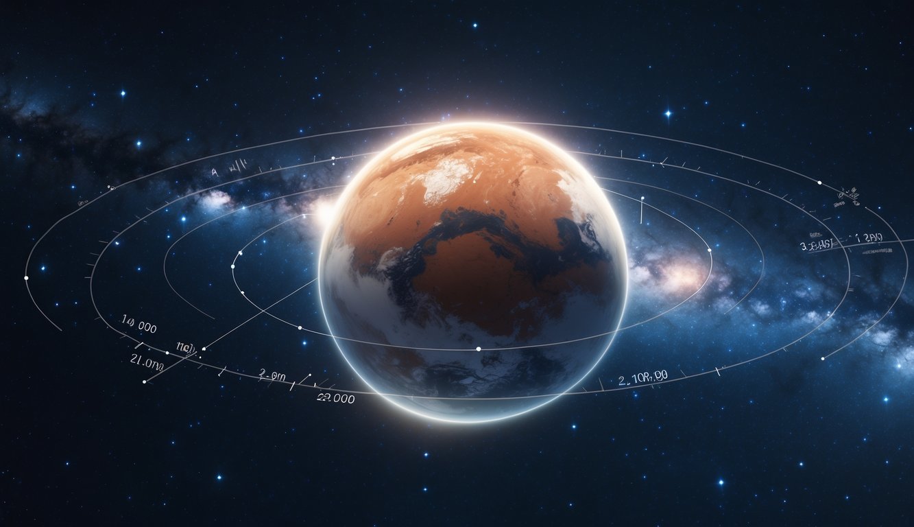 Gambaran planet Mars yang bergerak di luar angkasa dengan latar belakang bintang dan galaksi, menunjukkan pengaruhnya menurut ilmu astronomi modern.