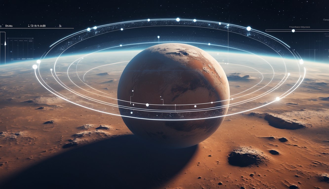 Gambaran planet Mars dengan permukaan merah dan kawah, dikelilingi oleh elemen grafis yang menunjukkan pergerakan orbit di latar luar angkasa.