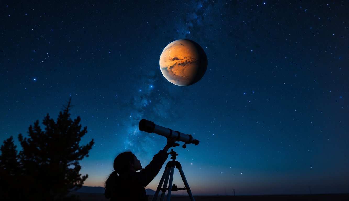Langit malam yang gelap dengan planet Mars berwarna merah terang terlihat di antara bintang-bintang, dan seorang orang sedang mengamati langit menggunakan teleskop.