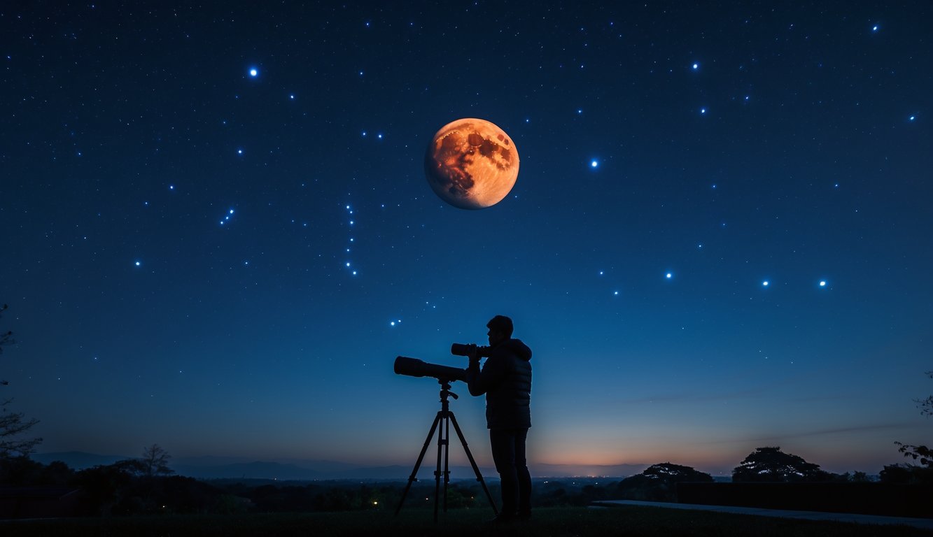 Langit malam yang cerah dengan planet Mars berwarna merah terang terlihat di antara bintang-bintang, seseorang sedang mengamati langit menggunakan teleskop.