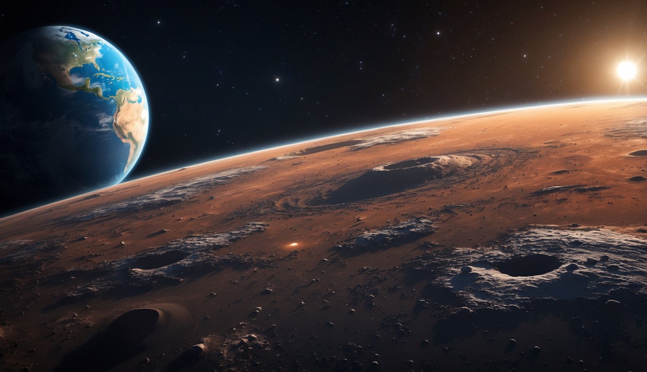 Gambar planet Mars dengan permukaan merah dan kawah, terlihat dekat dengan Bumi yang berwarna biru di latar belakang angkasa gelap berbintang.