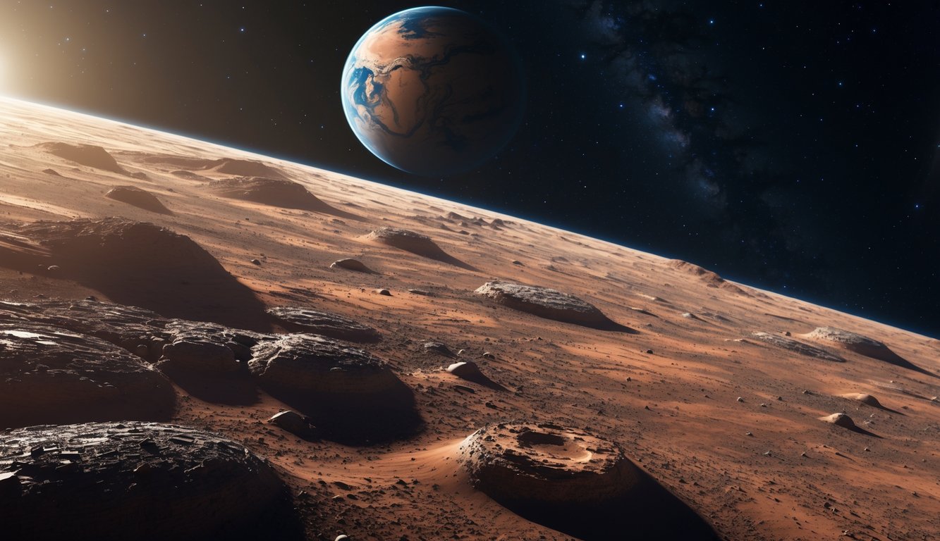 Gambaran planet Mars dengan permukaan berbatu merah dan kawah, dengan Bumi terlihat jauh di latar belakang di ruang angkasa.