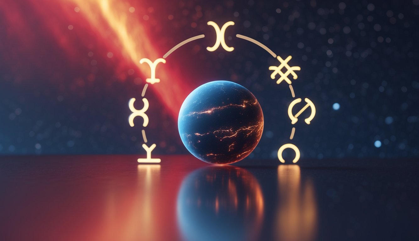 Planet Mars yang bersinar dengan simbol zodiak di latar belakang kosmik berwarna merah dan oranye.