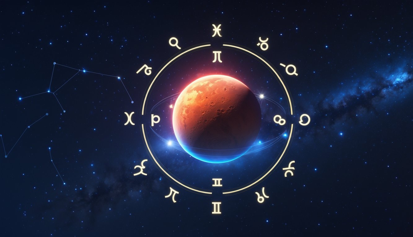 Planet Mars merah cerah di langit malam berbintang dengan simbol zodiak di sekitarnya.