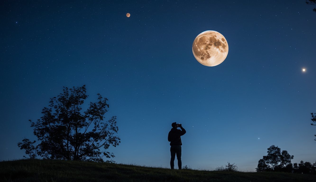 Seseorang berdiri di lapangan terbuka pada malam hari melihat ke langit yang gelap dengan planet Mars yang berwarna merah terang terlihat jelas di antara bintang-bintang.