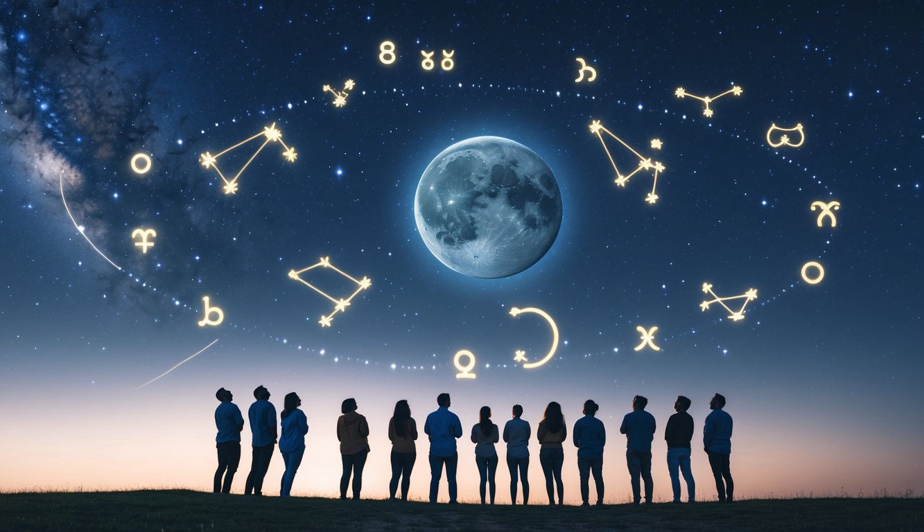 Langit malam dengan planet Jupiter yang terang dan orang-orang melihat ke atas, dikelilingi oleh simbol zodiak yang samar di langit.