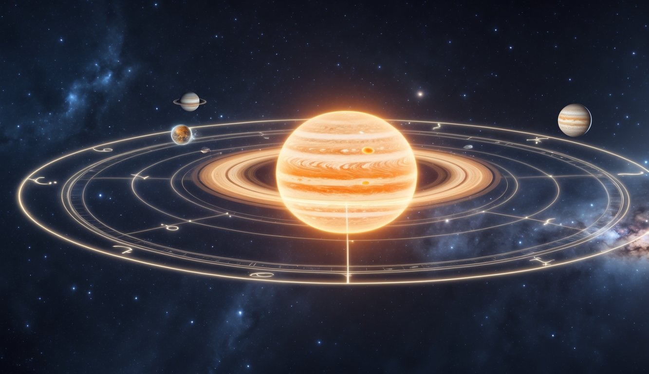 Gambaran posisi Jupiter di tata surya dengan planet-planet lain dan pola rasi bintang zodiak di latar belakang.