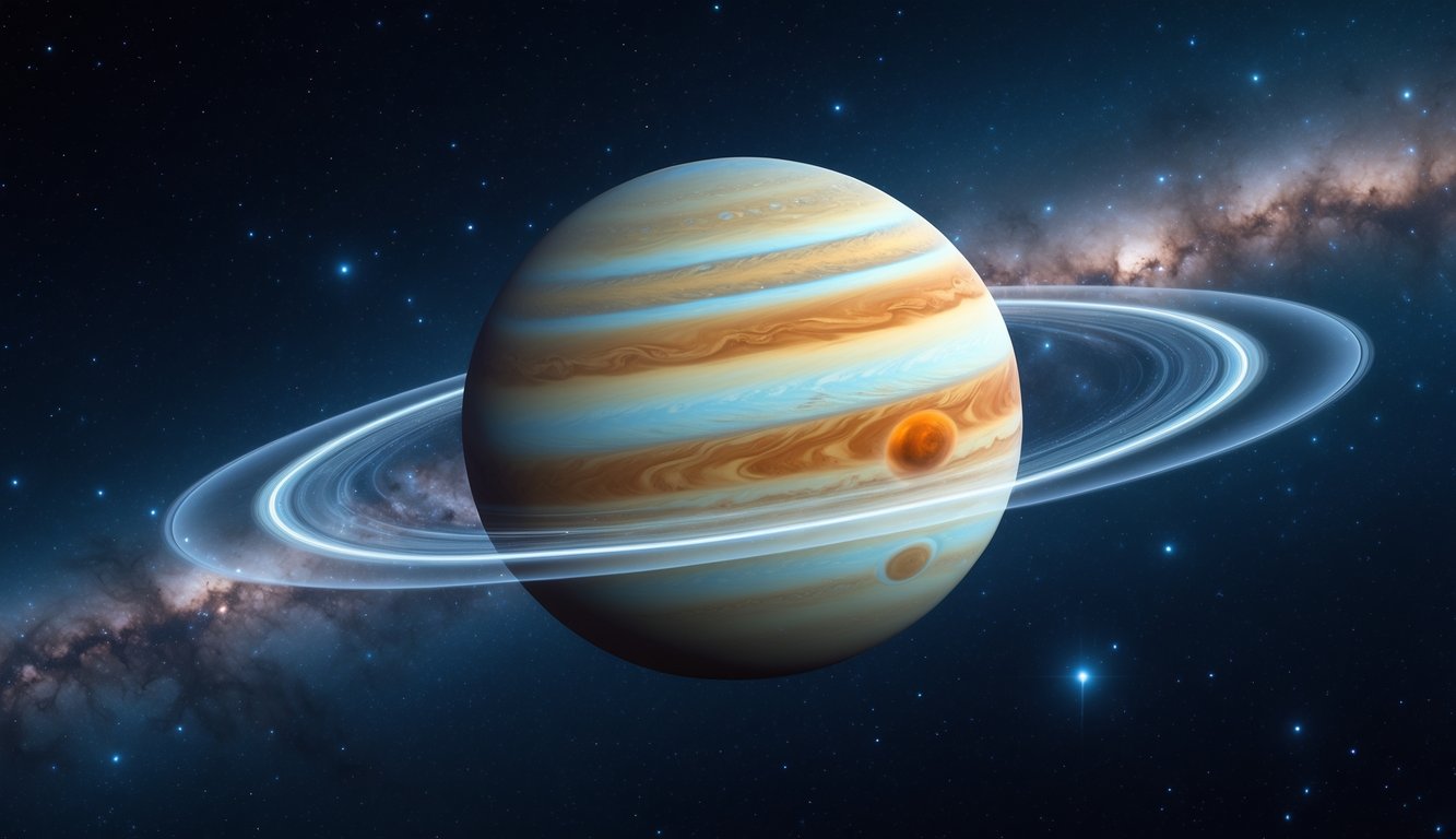 Gambar planet Jupiter di luar angkasa dengan gelombang energi yang memancar dan latar belakang bintang-bintang.