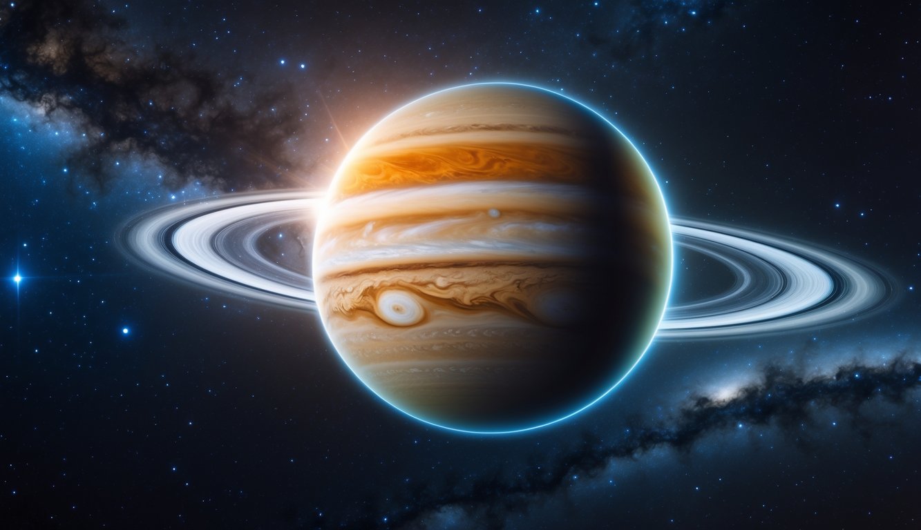 Gambaran planet Jupiter dengan awan berputar dan bintik merah besar di luar angkasa, dikelilingi oleh bintang dan planet lain.