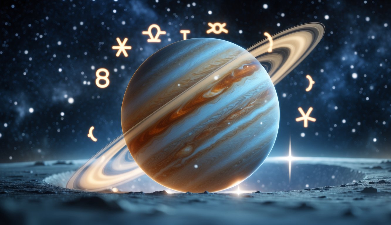Gambar planet Jupiter yang besar dan jelas dengan latar belakang luar angkasa penuh bintang dan simbol astrologi samar di sekitarnya.