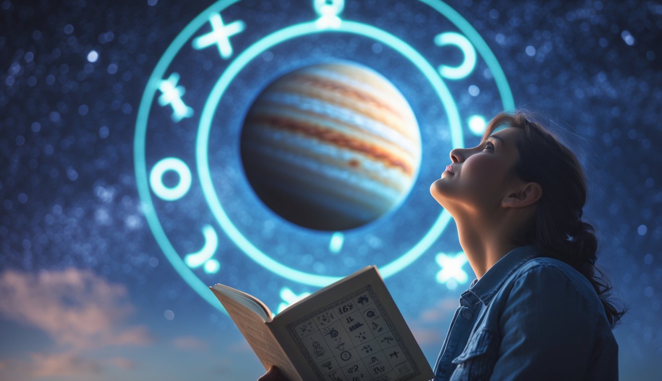 Seseorang sedang memandang ke langit dengan latar belakang planet Jupiter dan simbol zodiak yang bersinar.