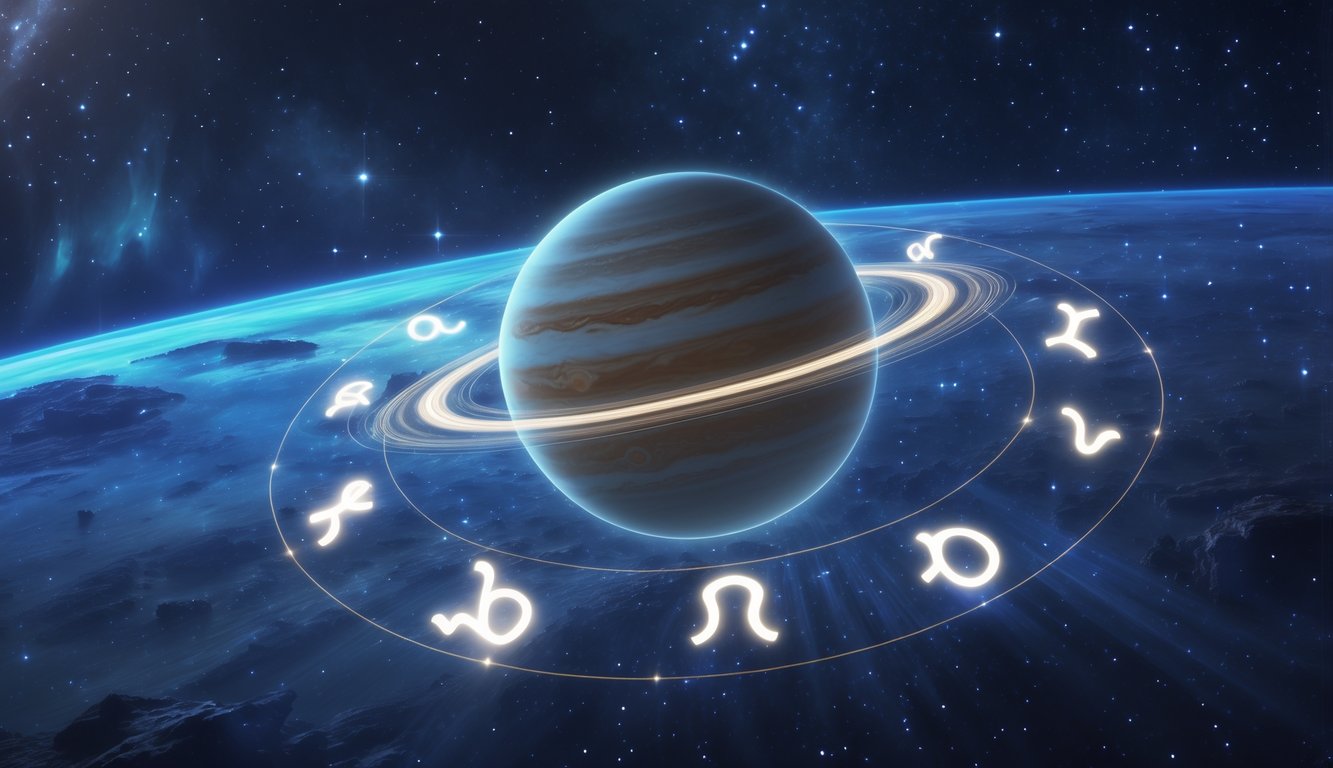 Gambaran planet Jupiter besar yang dikelilingi oleh simbol zodiak mengambang di ruang angkasa penuh bintang.