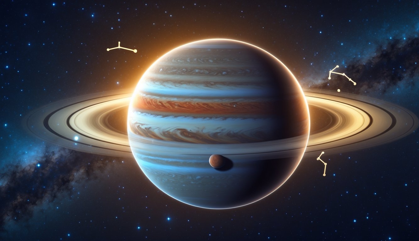 Gambar planet Jupiter dengan latar belakang bintang dan simbol zodiak samar di sekitarnya.