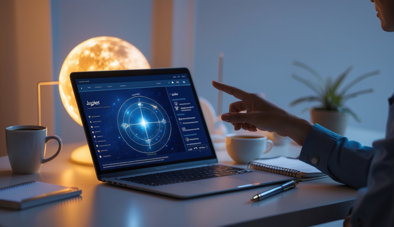 Meja kerja modern dengan laptop yang menampilkan ramalan astrologi tentang planet Jupiter, tangan menunjuk ke layar, di latar belakang terdapat model planet Jupiter dan peta bintang.