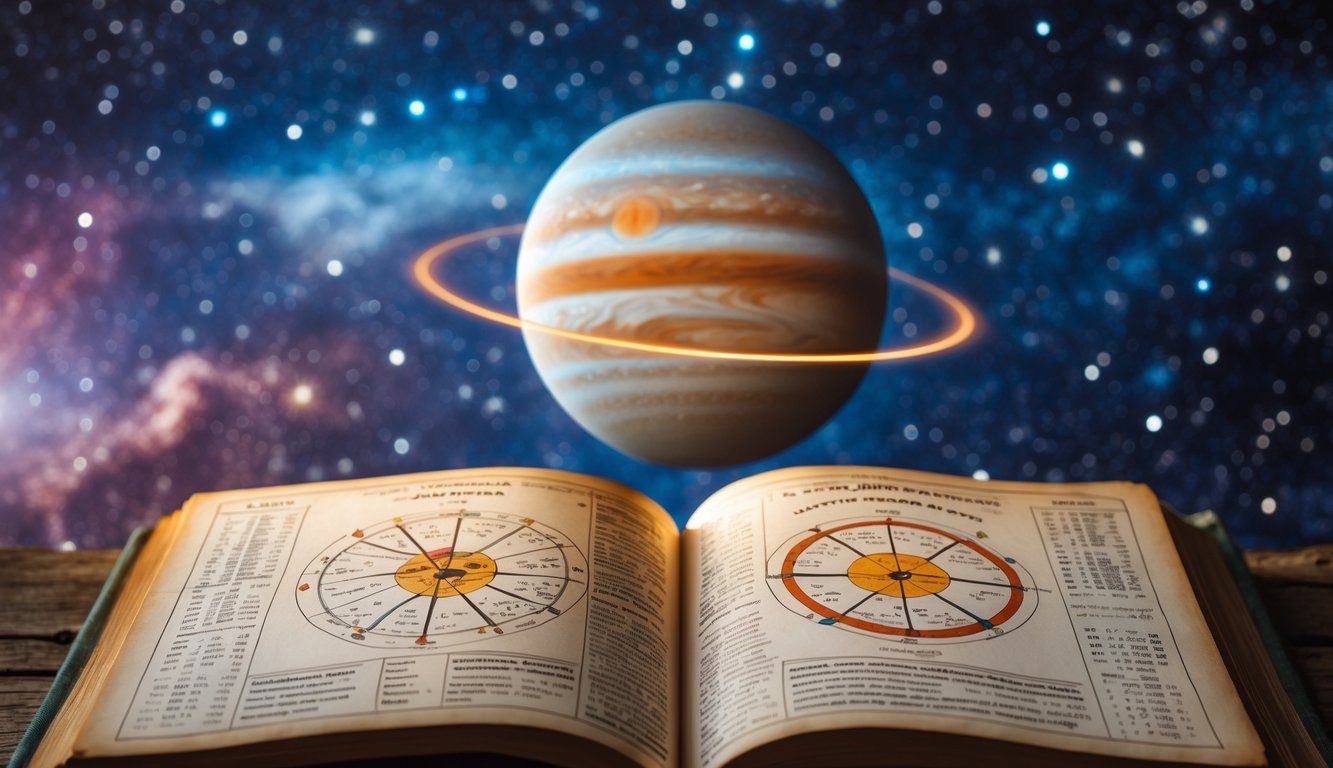 Gambar planet Jupiter yang besar di latar belakang angkasa dengan buku astrologi terbuka di depan yang menunjukkan grafik dan simbol planet.