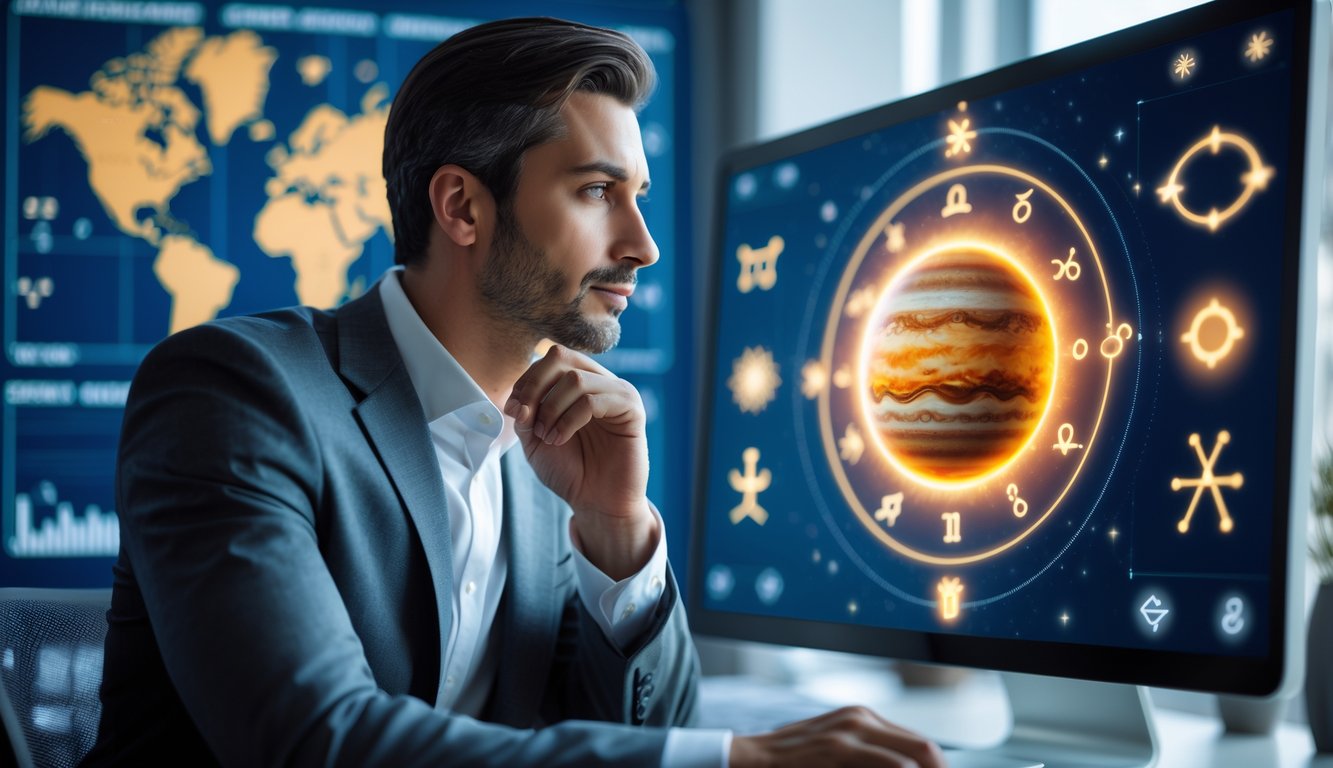 Seorang profesional bisnis di kantor modern sedang melihat layar digital yang menampilkan ilustrasi planet Jupiter dengan simbol zodiak dan grafik astrologi.