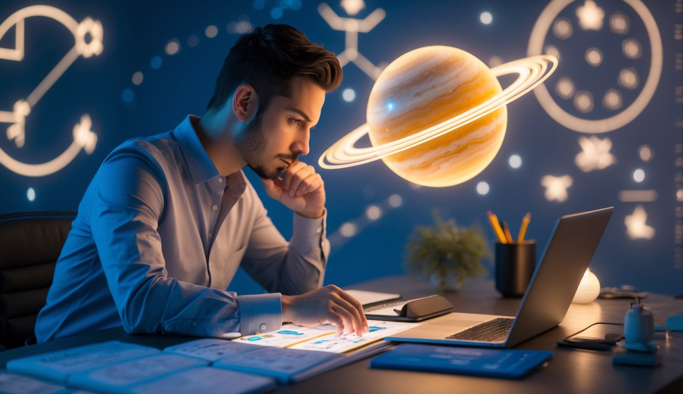Seseorang sedang menganalisis bagan astrologi di meja kerja dengan model planet Jupiter yang menyala di atasnya.