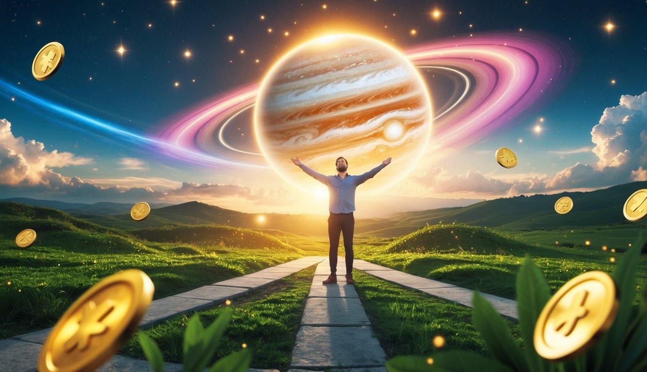 Seseorang berdiri di persimpangan jalan di lanskap hijau dengan planet Jupiter bercahaya di latar belakang, melambangkan peluang dan perubahan besar dalam kehidupan.