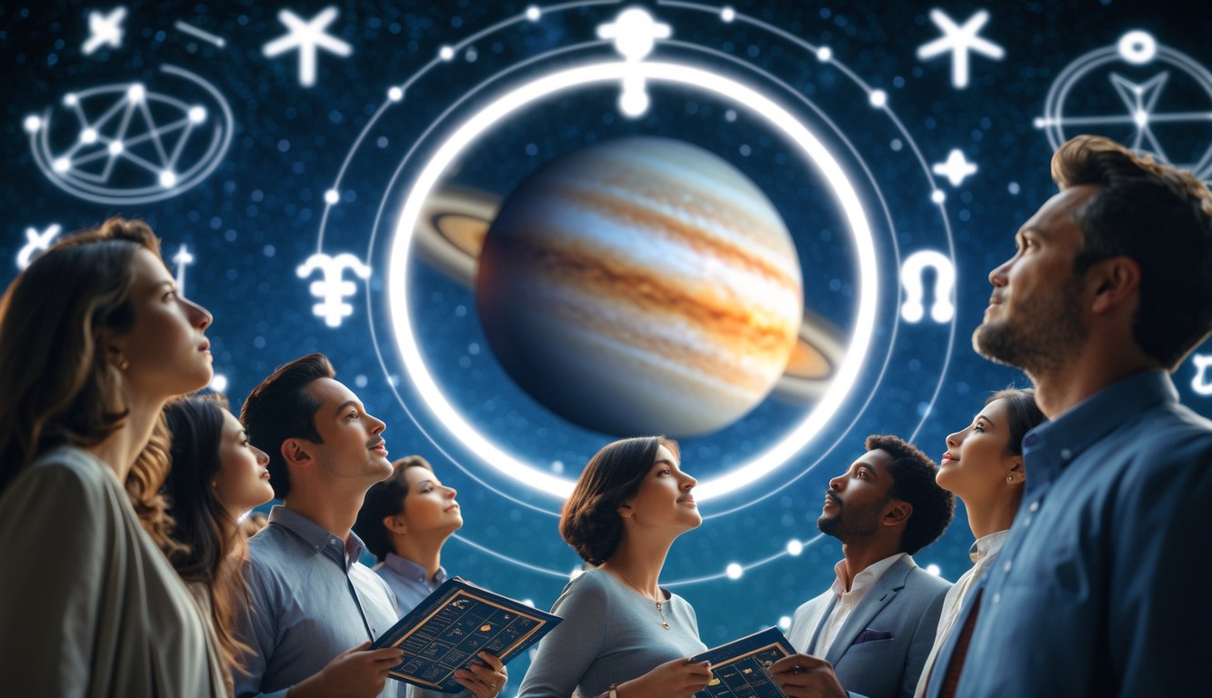 Planet Jupiter yang bercahaya dengan latar belakang bintang, dikelilingi simbol astrologi, dan beberapa orang yang memperhatikan dengan serius sambil memegang grafik astrologi.