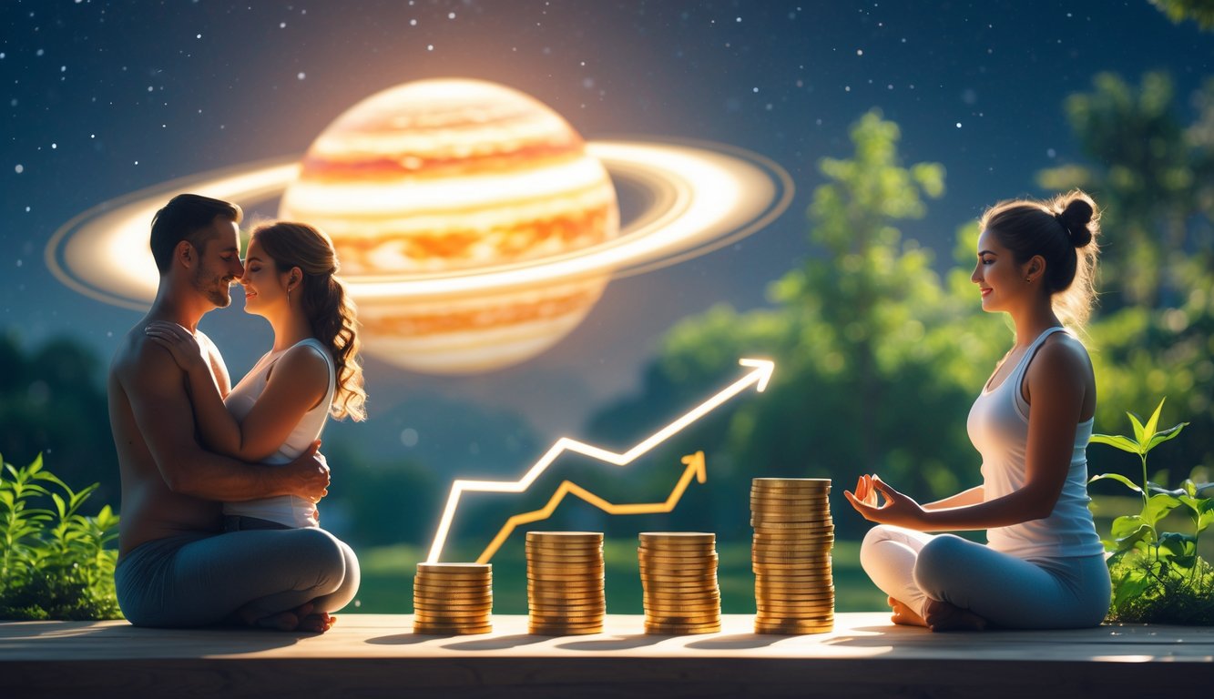 Planet Jupiter besar di latar belakang dengan pasangan berpegangan tangan, tumpukan koin emas dan grafik keuangan, serta seseorang bermeditasi di alam terbuka.