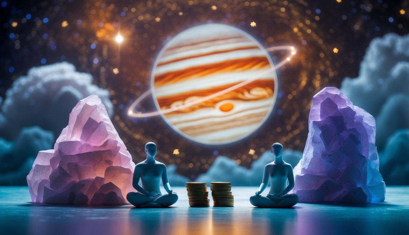 Ilustrasi planet Jupiter besar dengan latar belakang kosmik, di depan terdapat pasangan yang bergandengan tangan, tumpukan koin dan grafik keuangan, serta orang yang bermeditasi sebagai simbol cinta, keuangan, dan kesehatan.