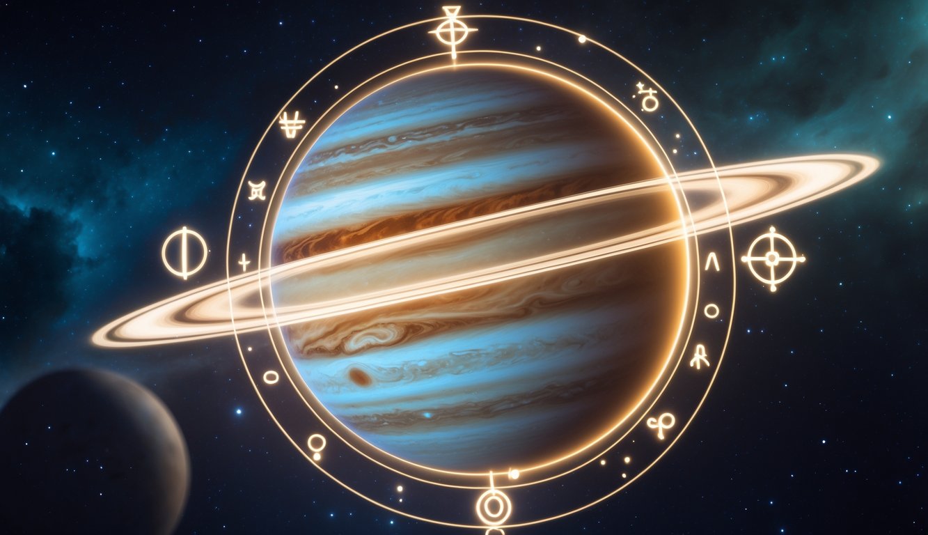 Gambaran planet Jupiter yang bercahaya dengan latar belakang ruang angkasa penuh bintang dan simbol astrologi yang mengelilinginya.