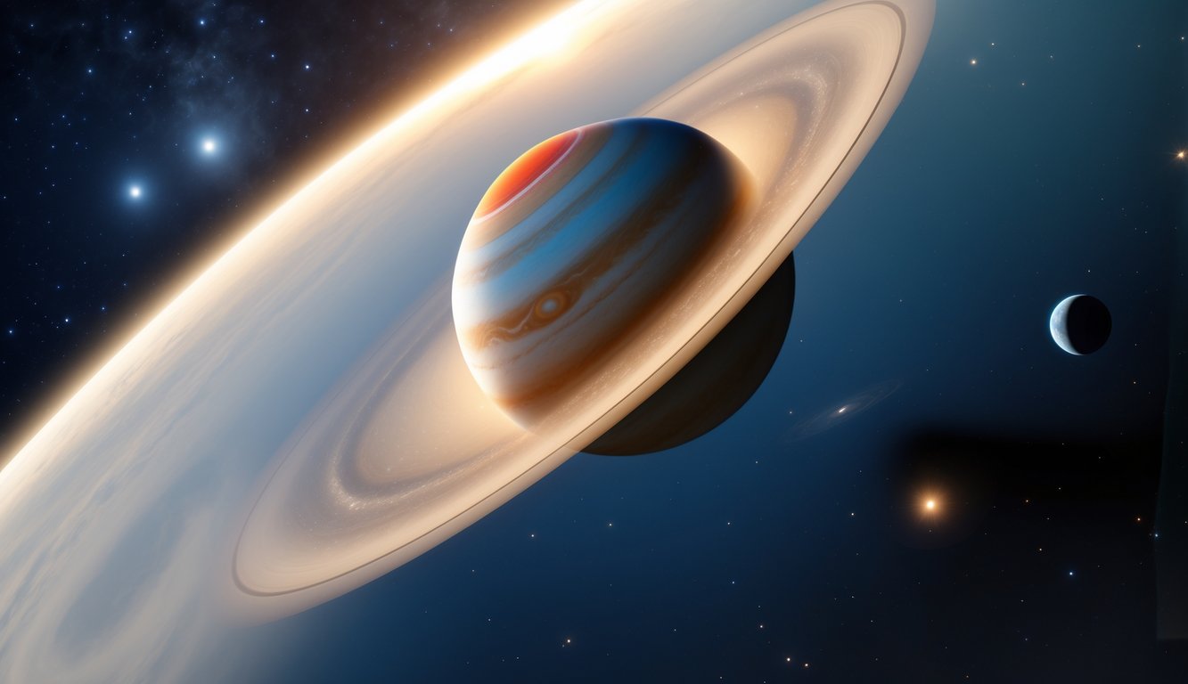 Gambaran planet Jupiter yang jelas dengan latar langit malam berbintang dan planet lain di kejauhan.