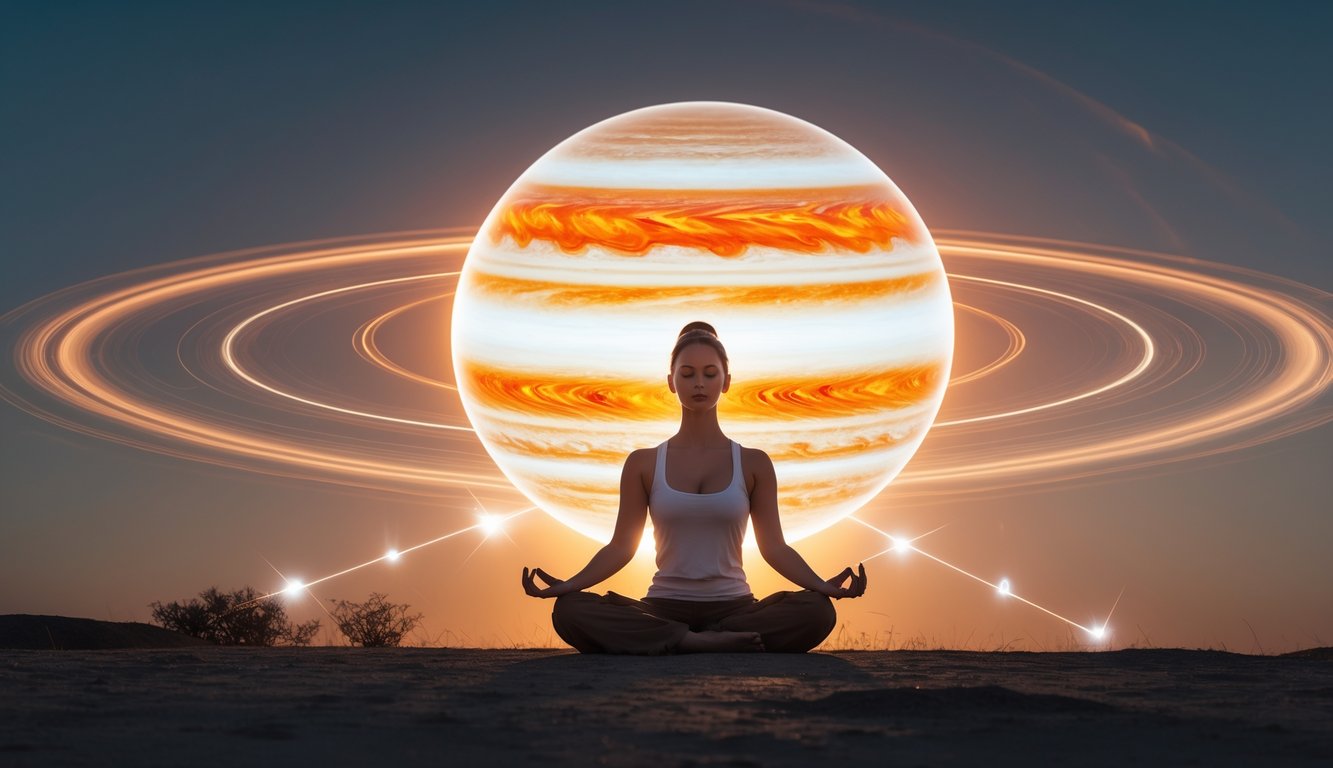 Seseorang bermeditasi dengan latar belakang planet Jupiter yang bercahaya, dikelilingi oleh efek cahaya dan gelombang energi yang menggambarkan kekuatan dan keberuntungan.