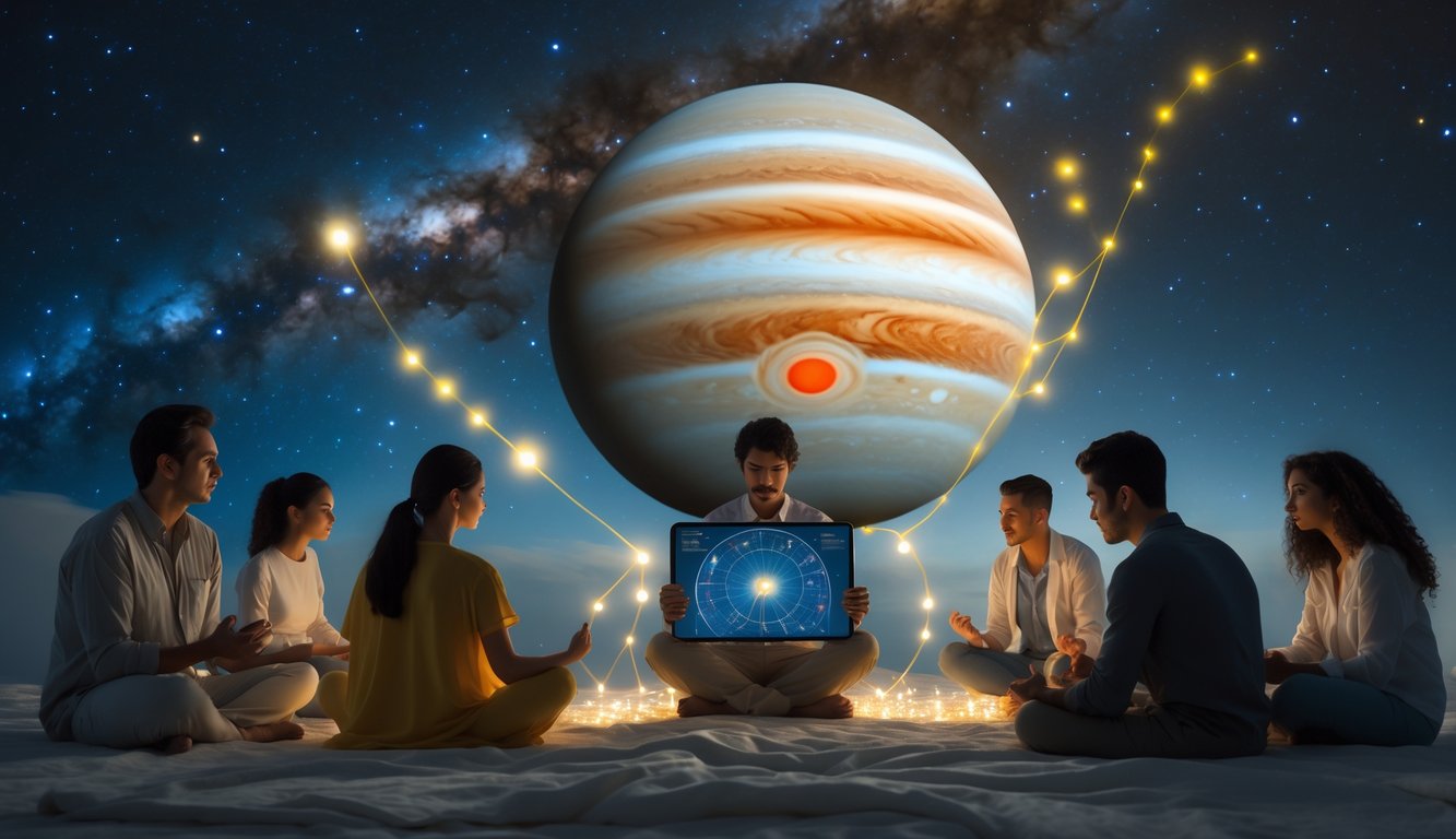 Planet Jupiter yang bercahaya di latar luar angkasa dengan beberapa orang yang sedang bermeditasi dan mempelajari astrologi.