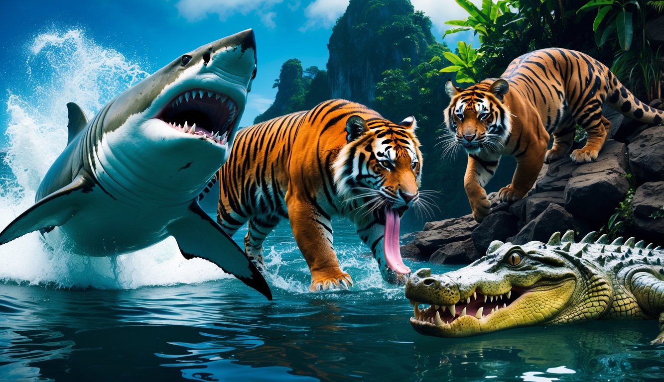 Beberapa hewan predator paling mematikan di dunia, termasuk hiu putih besar, harimau Bengal, komodo, dan buaya air asin, di habitat alaminya.