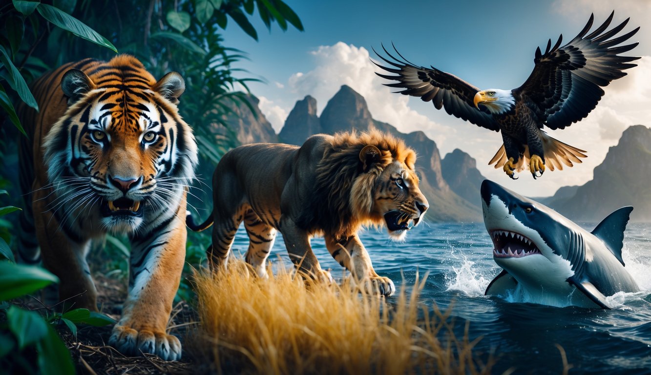 Beberapa hewan predator paling mematikan di dunia seperti harimau, hiu putih besar, singa Afrika, dan elang botak di habitat alaminya.