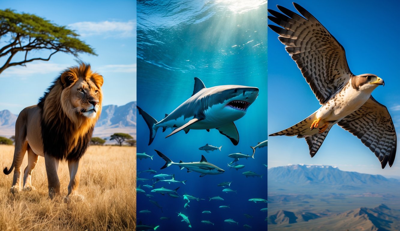 Beberapa hewan predator dari habitat darat, laut, dan udara, termasuk singa di savana, hiu putih besar di laut, dan burung elang terbang di langit.