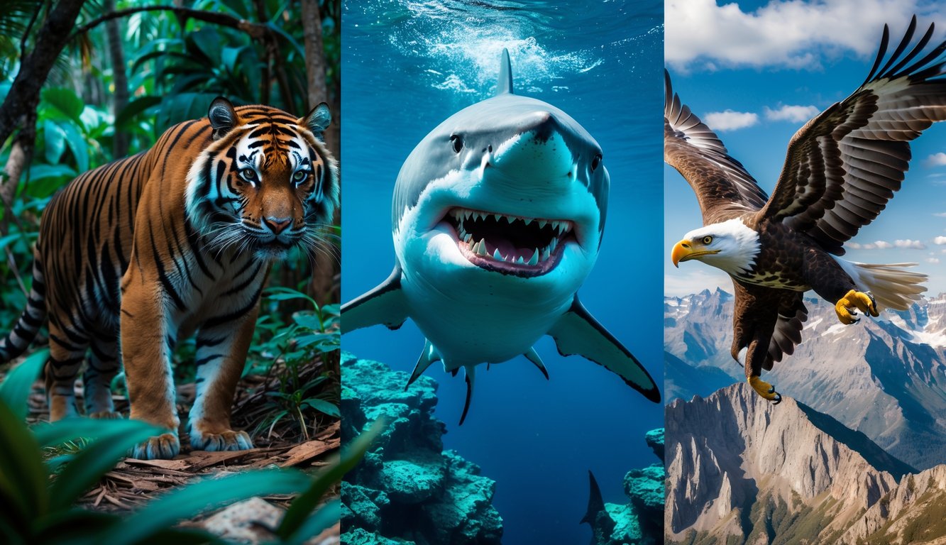 Gambar berbagai hewan predator di habitat alami mereka: harimau di hutan, hiu di laut, dan elang di udara.