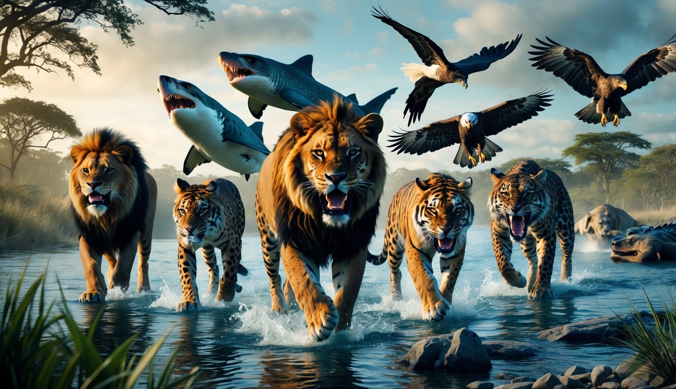 Sepuluh hewan predator kuat dari berbagai habitat seperti singa, macan tutul, hiu putih besar, elang botak, serigala, buaya, cheetah, harimau, komodo, dan falcon sedang dalam posisi berburu di lingkungan alami mereka.