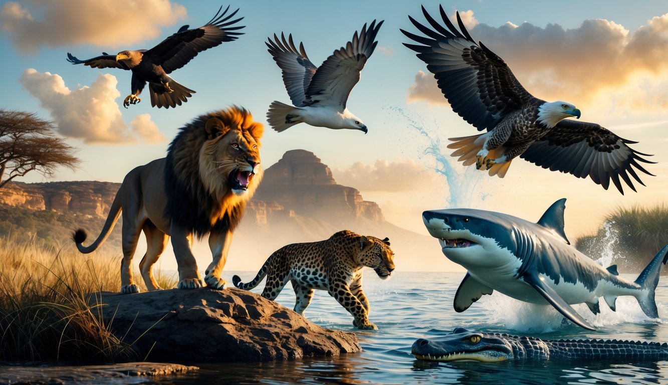 Beberapa hewan predator kuat seperti singa, macan tutul, hiu putih besar, elang, dan buaya di habitat alaminya, menunjukkan kekuatan dan kemampuan berburu mereka.