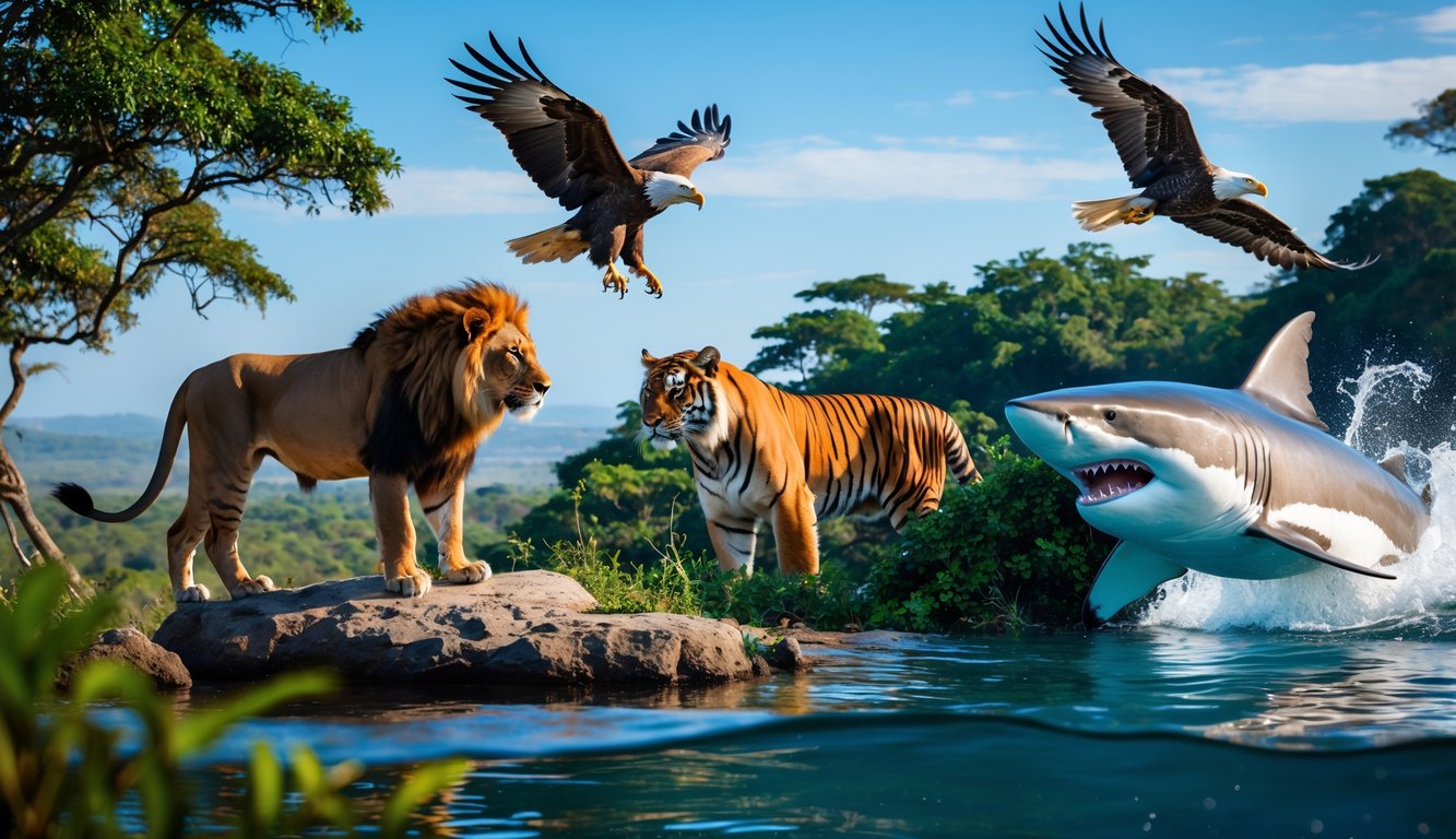 Berbagai hewan predator karnivora seperti singa, harimau, elang, dan hiu besar di habitat alaminya yang berbeda, menunjukkan posisi mereka sebagai puncak rantai makanan.