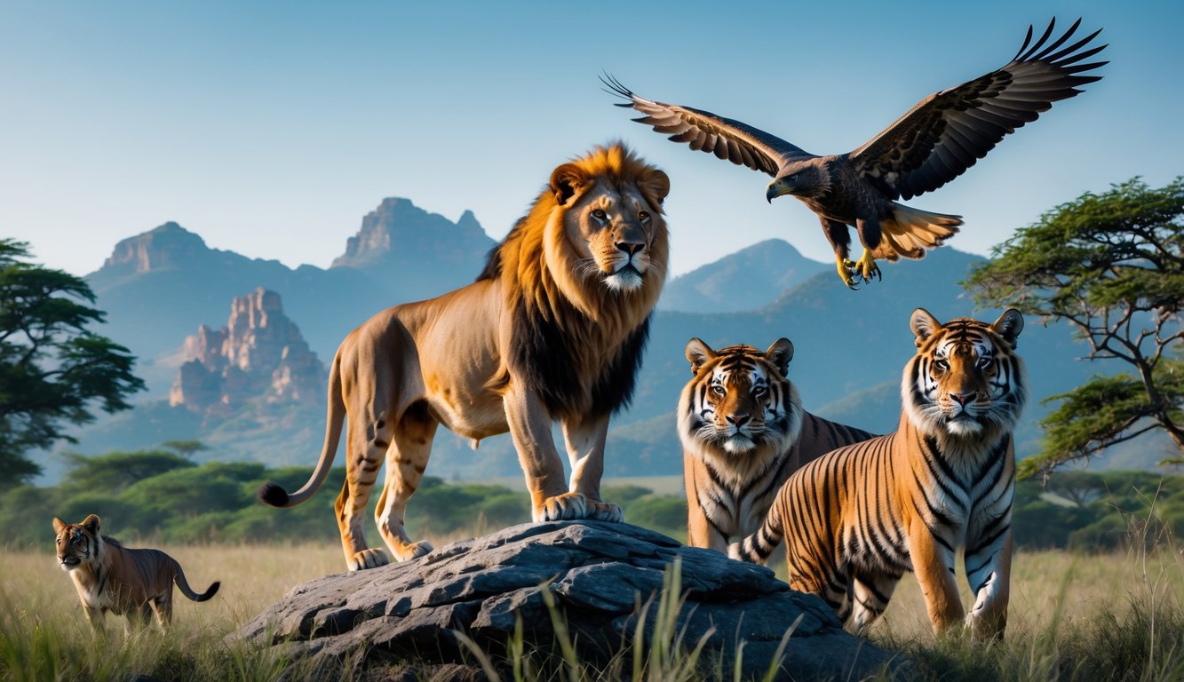 Beberapa hewan predator karnivora seperti singa, serigala, harimau, dan elang di habitat alaminya yang berbeda.